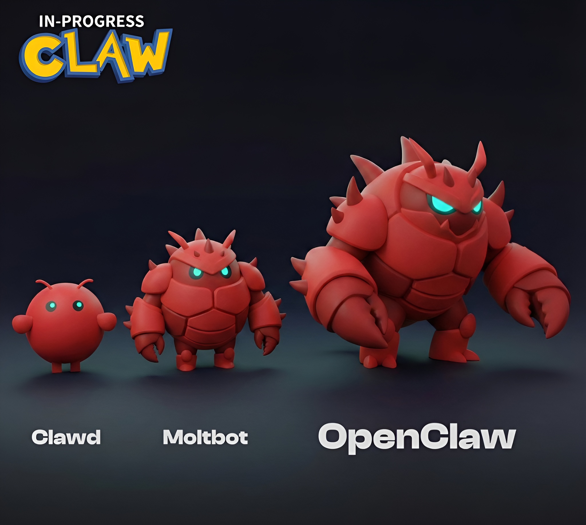 Red robotic characters named 'Clawd,' 'Moltbot,' and 'OpenClaw' are displayed under the title 'In-Progress Claw'.