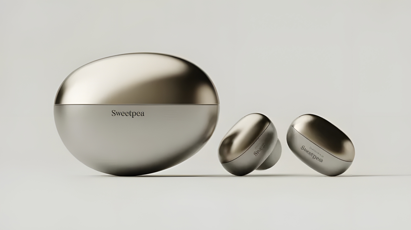 A pair of metallic Sweetpea wireless earbuds and their matching charging case, both featuring the 'Sweetpea' logo.