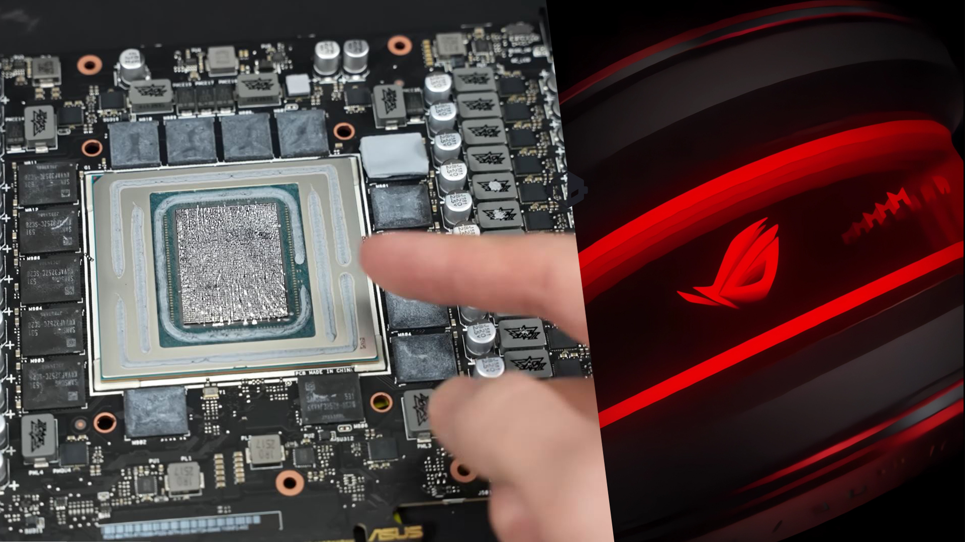 A close-up of an ASUS graphics card with ROG logo and visible GPU chip.