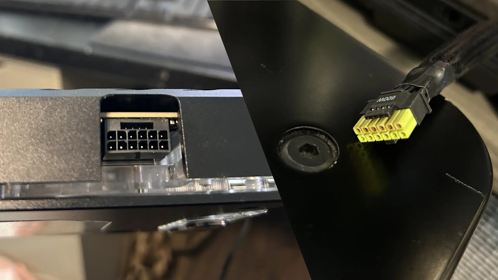 A close-up of a 12VHPWR connector and a separate 600W power cable.
