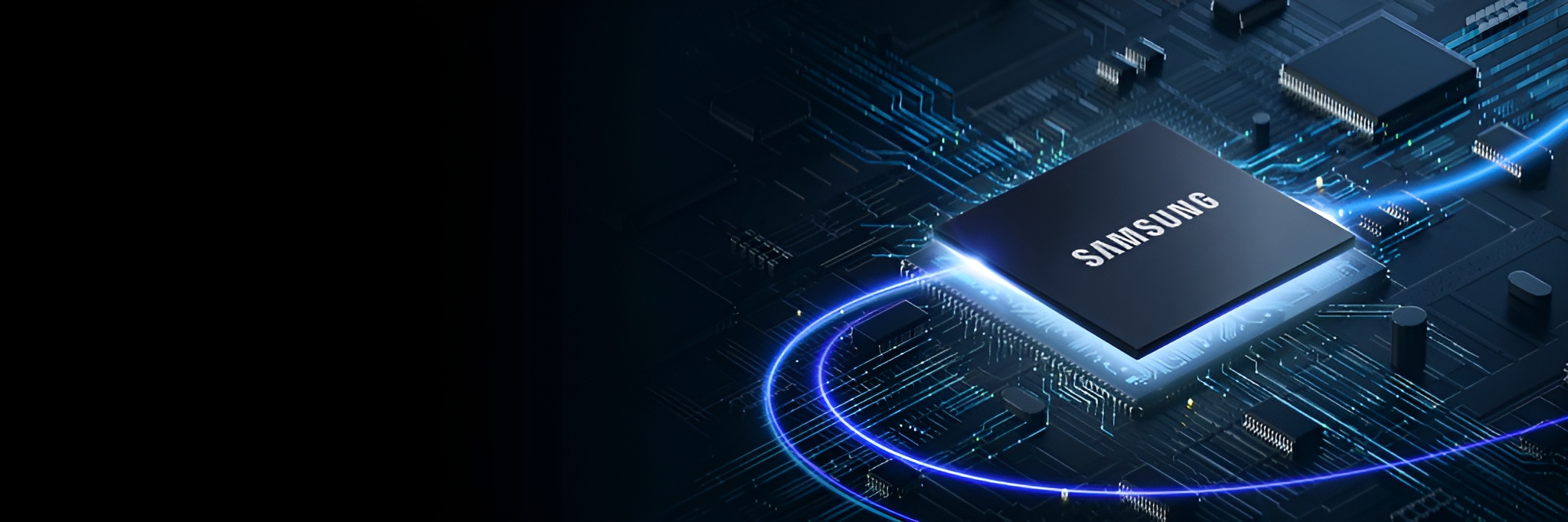 A Samsung branded chip is positioned on a circuit board surrounded by digital connections and glowing blue lines.