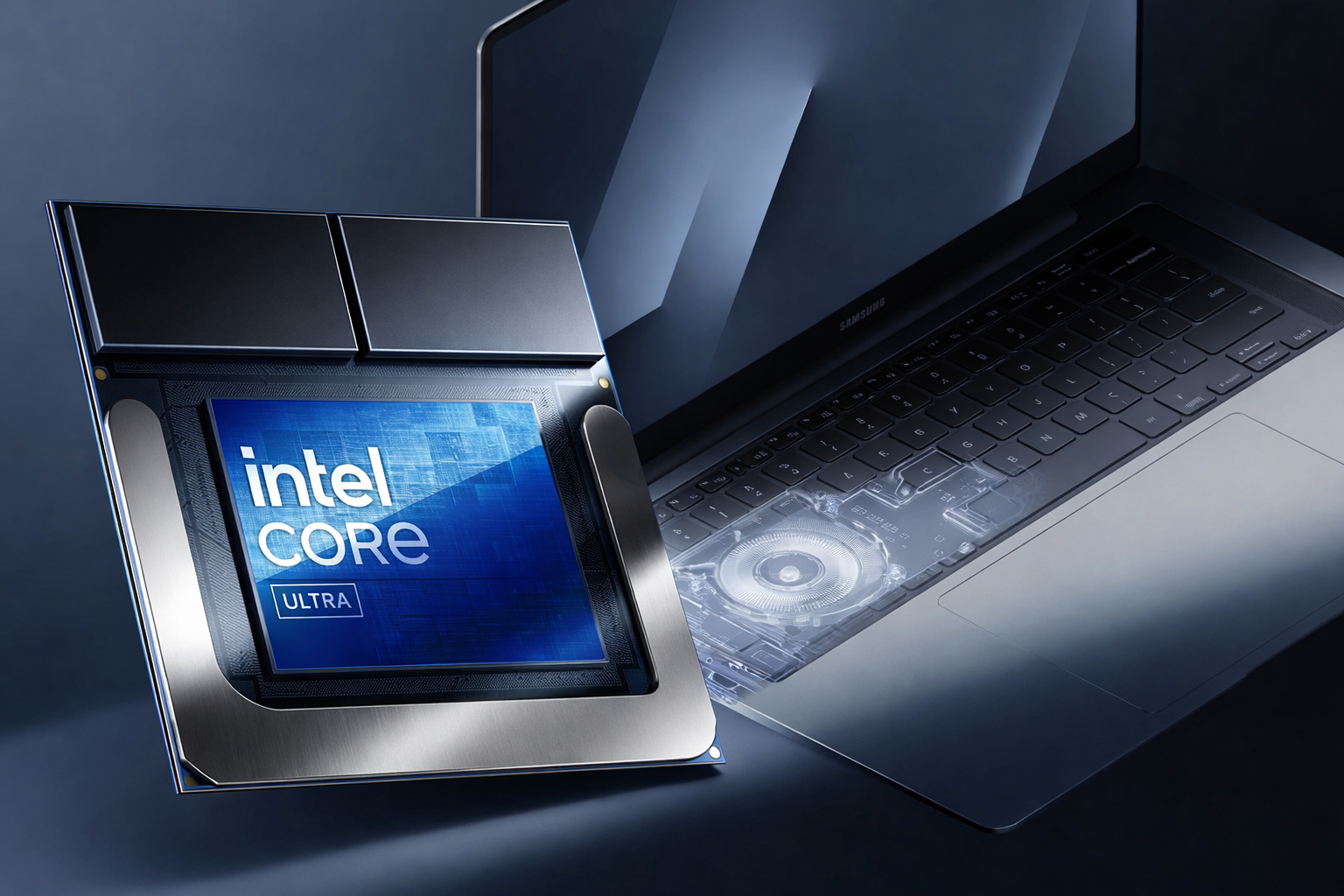 An Intel Core Ultra chip is depicted next to a Samsung laptop with an illuminated motherboard design.