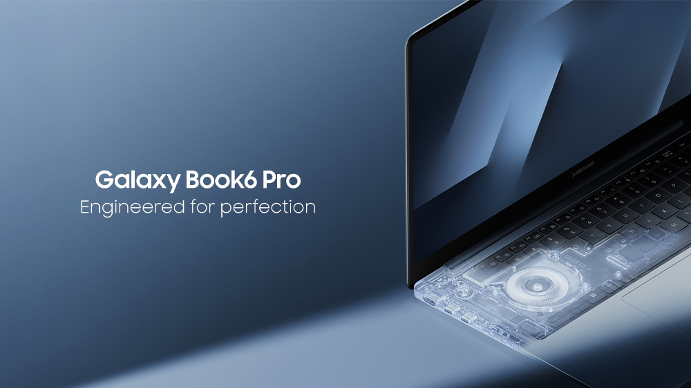 Samsung Galaxy Book6 Pro laptop partially transparent to show internal components, with the text 'Galaxy Book6 Pro' and 'Engineered for perfection' displayed on the left.