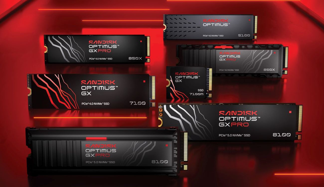 A lineup of SanDisk Optimus SSDs, including models GX PRO 850X, GX 7100, GX 5100, and GX PRO 8100, displayed against a red background.