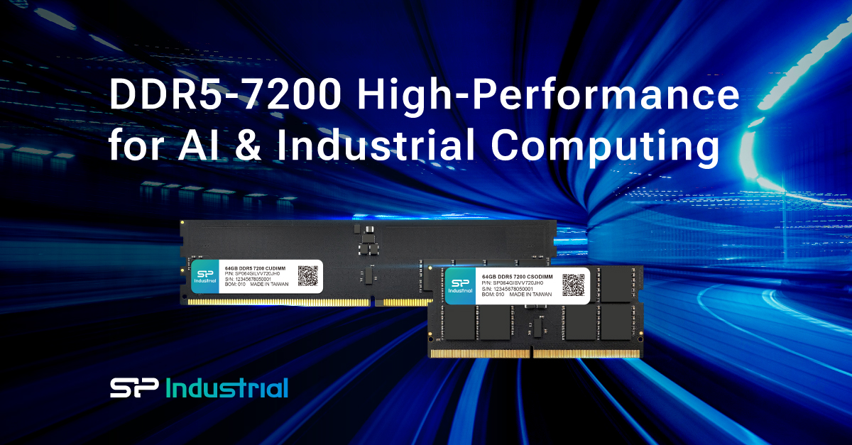 Two SP Industrial DDR5-7200 RAM modules are displayed in front of a background with the text 'DDR5-7200 High-Performance for AI & Industrial Computing'.