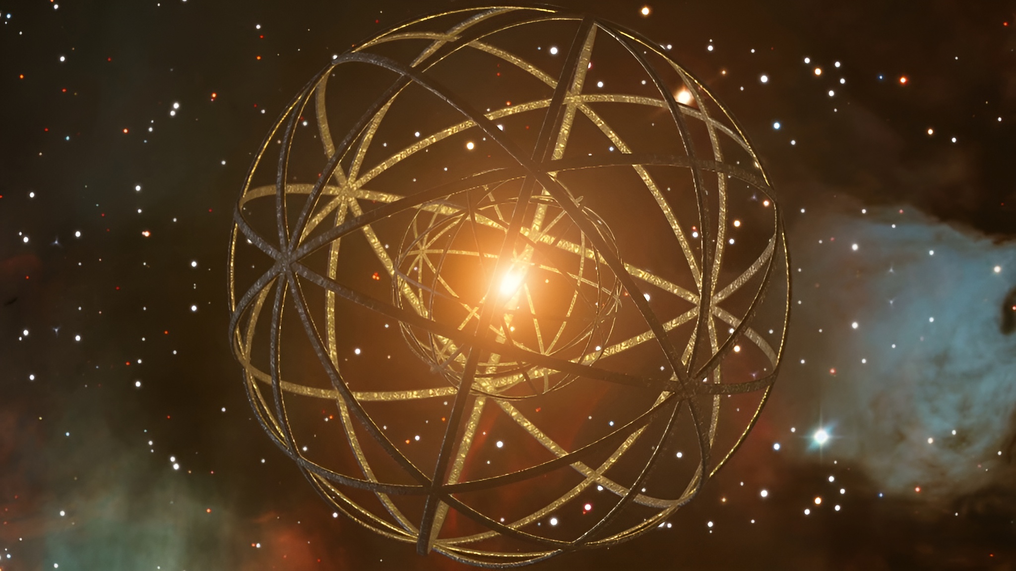 A glowing celestial structure with interconnected rings and a central light source set against a starry space background.