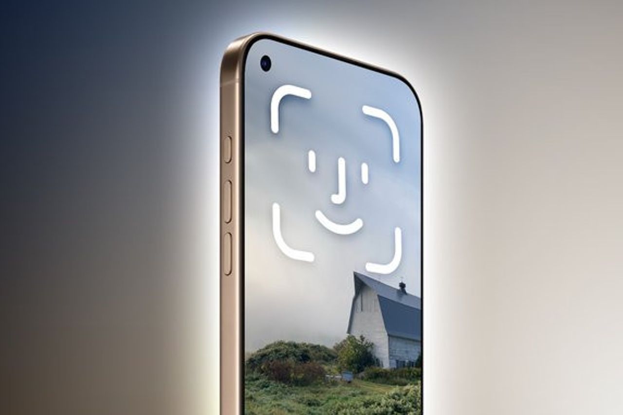 A smartphone with a notch displays the Apple Face ID icon over a scenic house background.