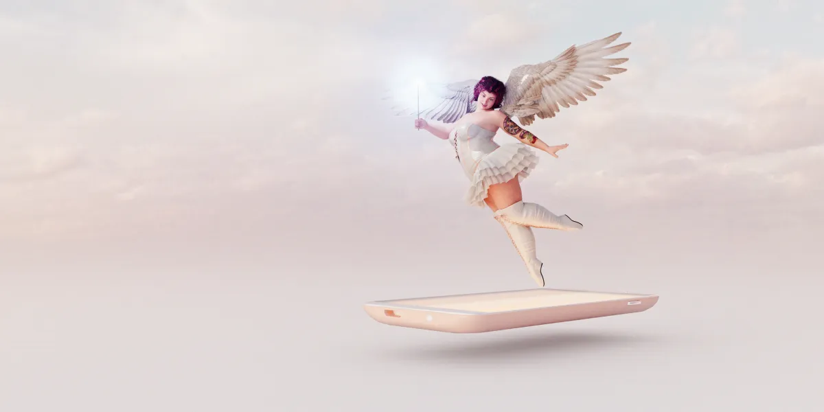 Overweight fairy with tattoos holding glowing wand to grant wish emerges from smart phone screen