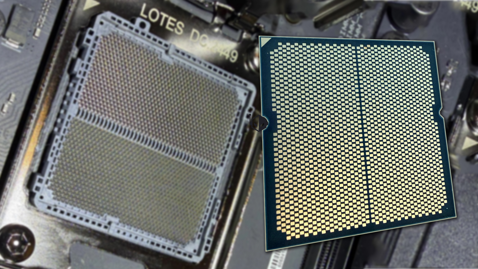 A close-up of a motherboard socket labeled 'LOTES DC449,' with an unbranded CPU featuring a dense array of gold contacts.