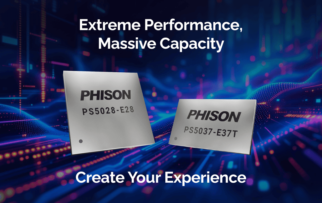 Two Phison chips, labeled PS5028-E28 and PS5037-E37T, are featured with text 'Extreme Performance, Massive Capacity' and 'Create Your Experience' against a digital background.