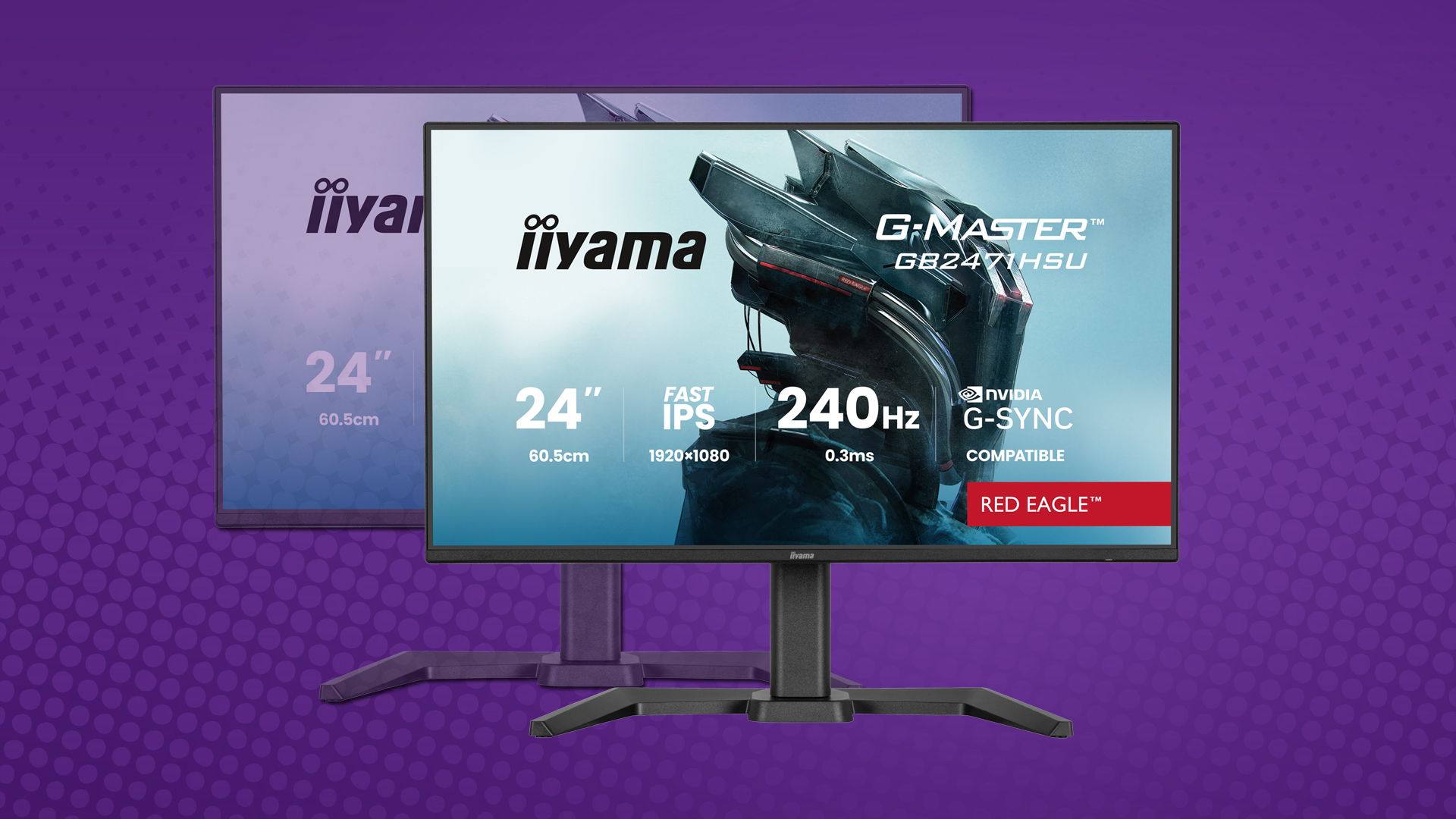 The image shows an iiyama G-Master GB2477HSU 24 monitor with 'FAST IPS,' '240Hz,' '0.3ms,' and 'NVIDIA G-SYNC compatible' features, labeled as 'RED EAGLE.'