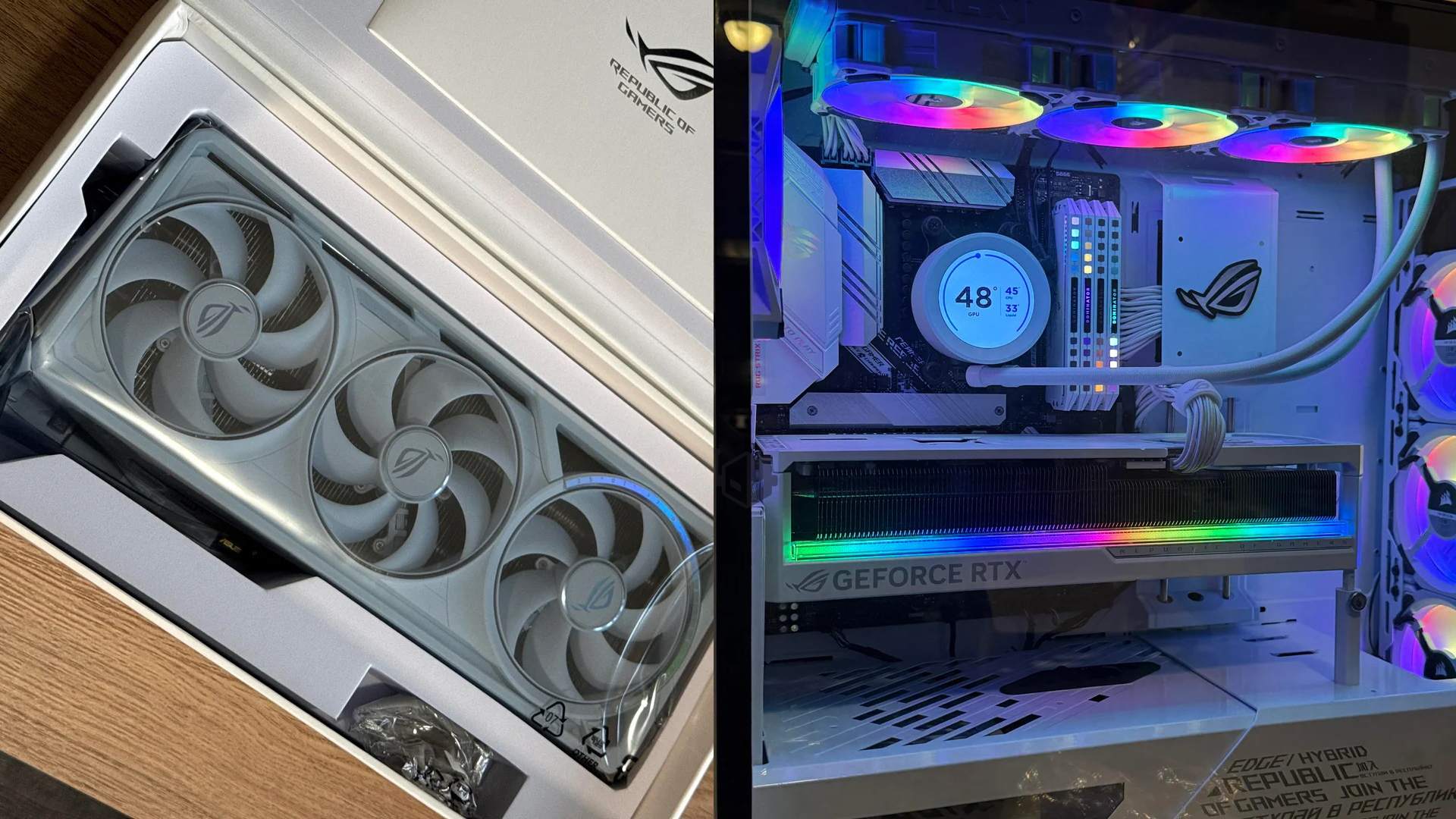 A white ASUS ROG graphics card with a triple-fan setup is shown both in its packaging and installed in a gaming PC with RGB
