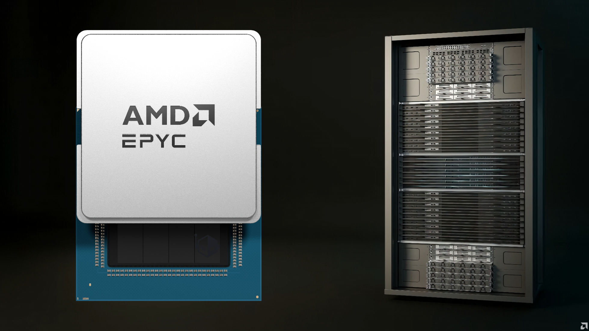An AMD EPYC processor is displayed next to a server rack.