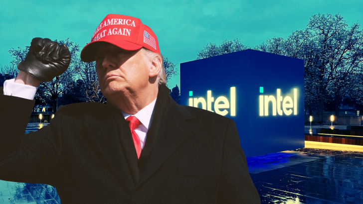 A person wearing a red cap with 'Make America Great Again' stands beside an illuminated Intel sign at night.