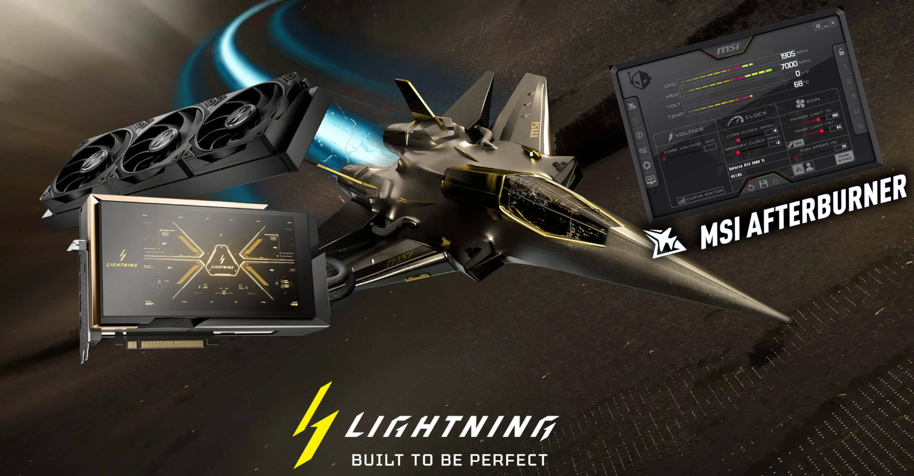 An MSI Lightning graphics card is depicted alongside a futuristic aircraft, with an MSI Afterburner interface showing stats