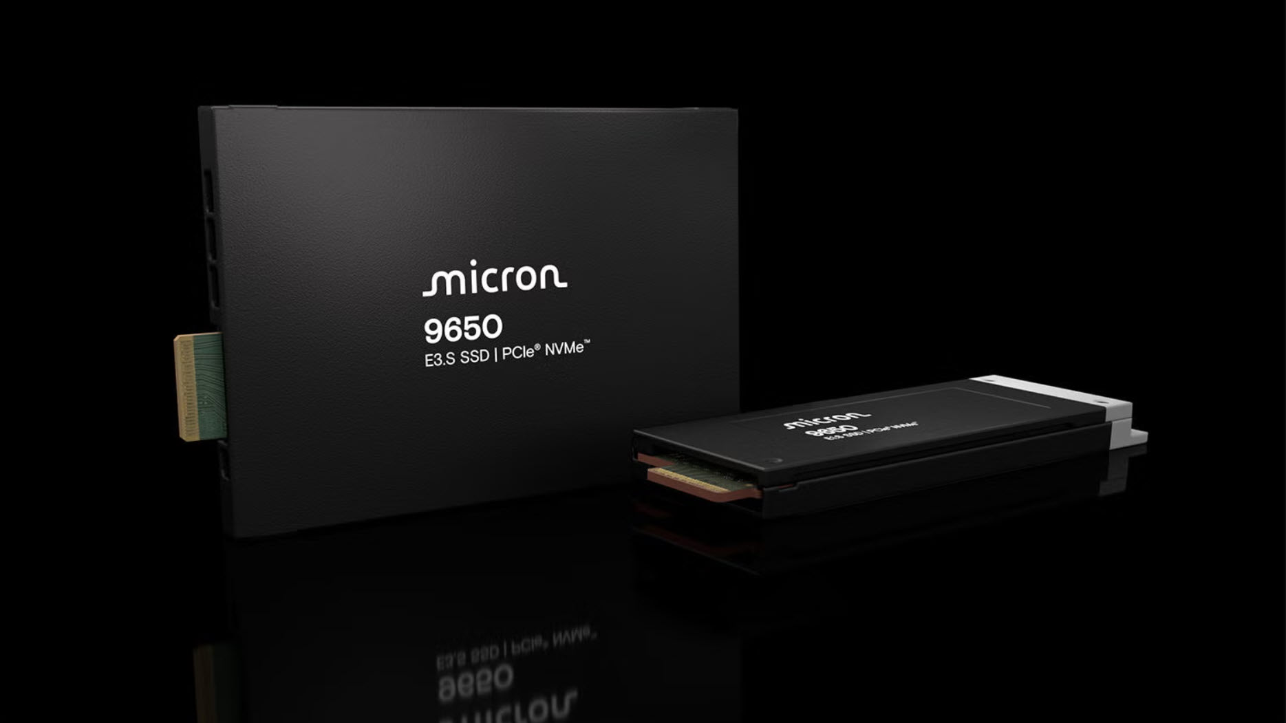 The image shows a Micron 9650 E3.S SSD with PCIe NVMe interface, emphasizing the branding and model number.