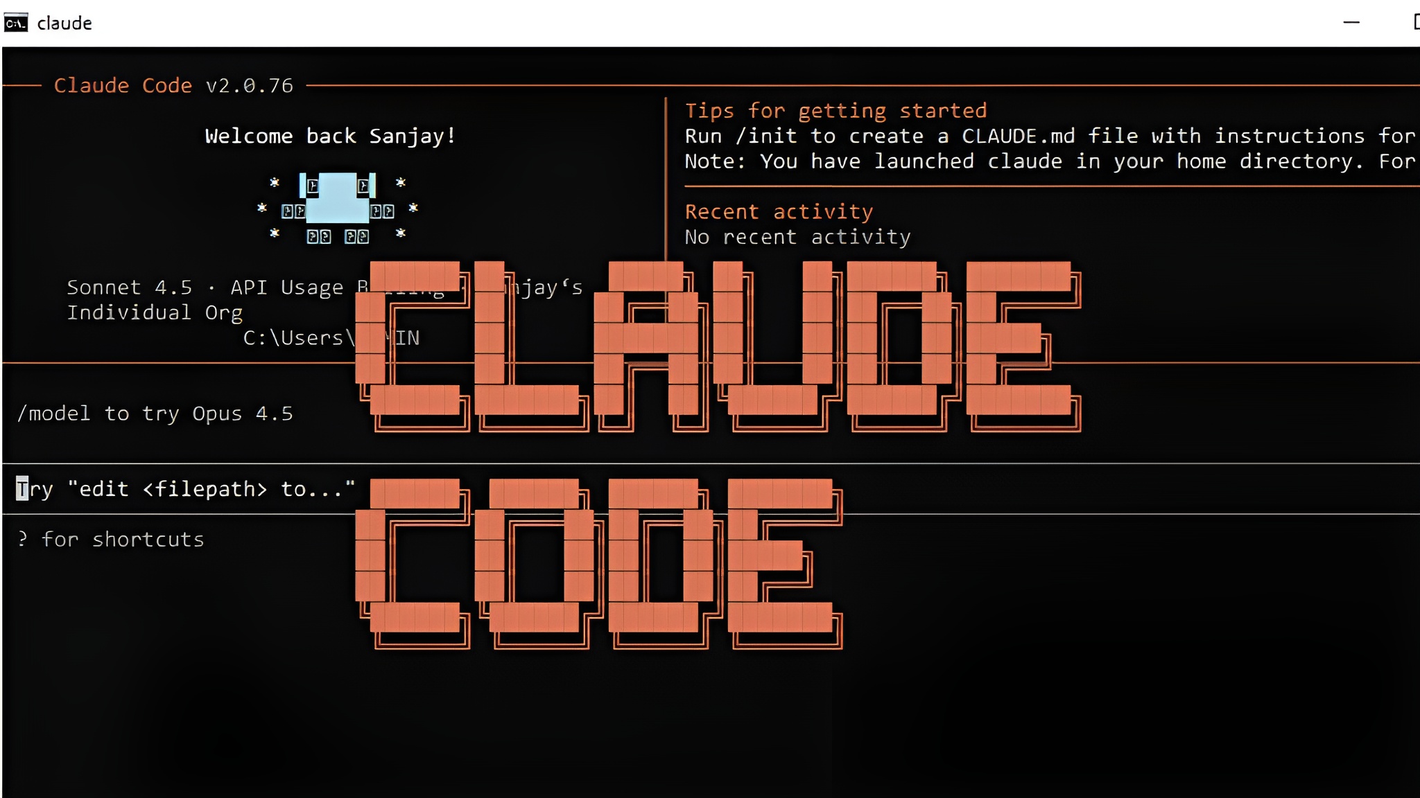 A command-line interface displays Claude Code v2.0.76, with the phrase Welcome back Sanjay! and large text reading CLAUDE