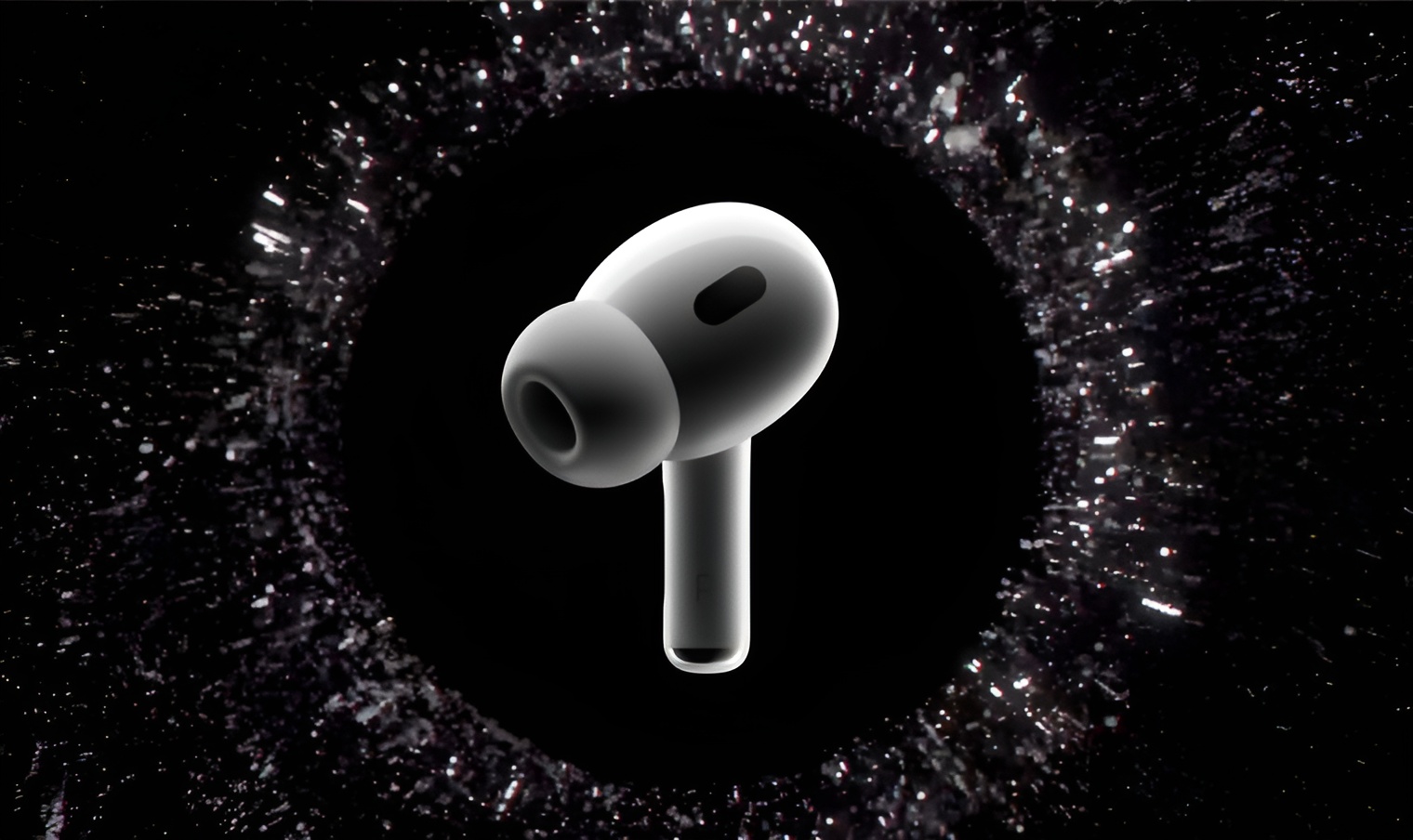 An Apple AirPod Pro earbud displayed against a dynamic, dark, and sparkling background.