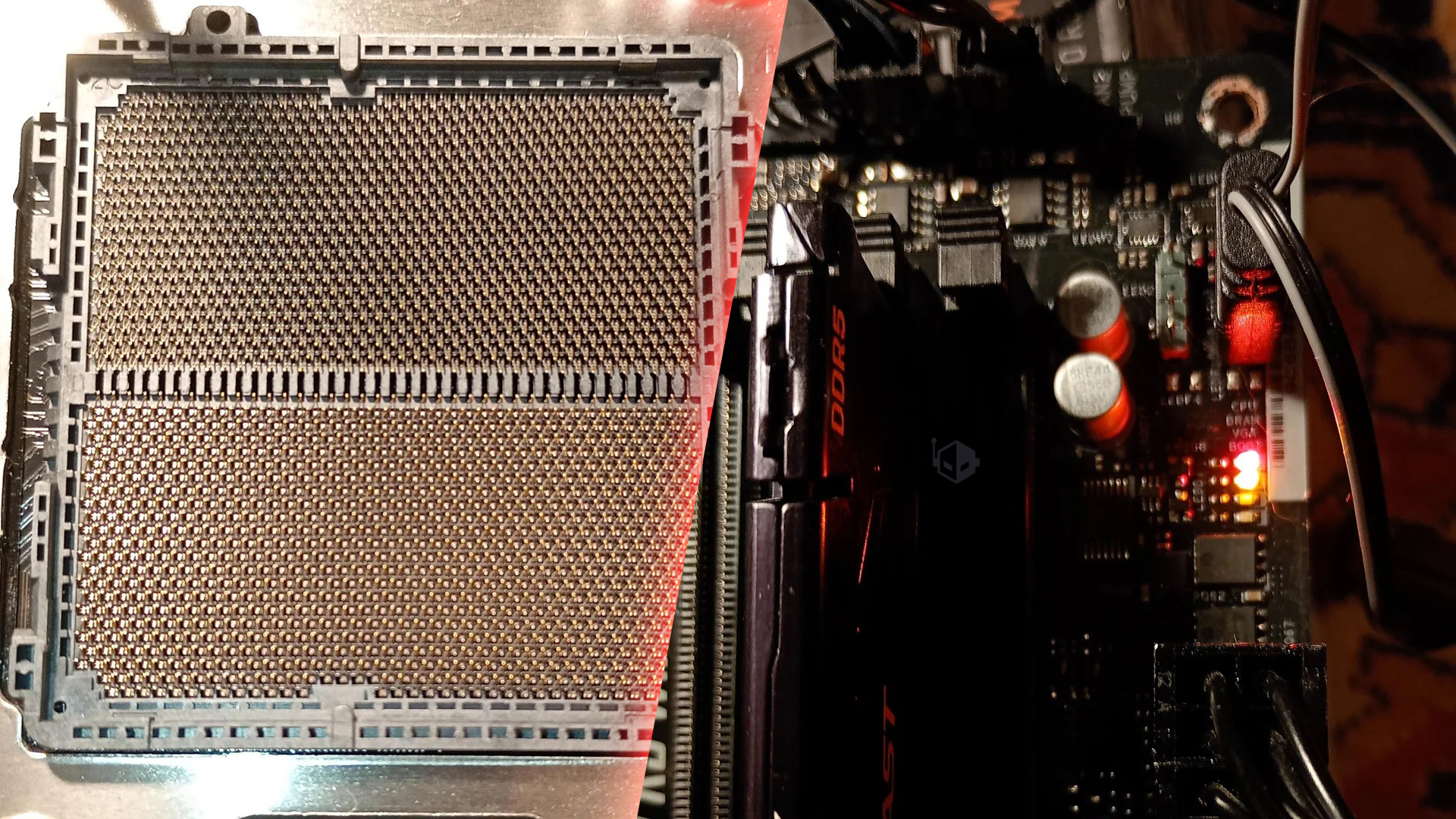 A close-up of an unbranded motherboard socket next to RAM labeled 'DDR5' with visible power and debug LEDs on a circuit