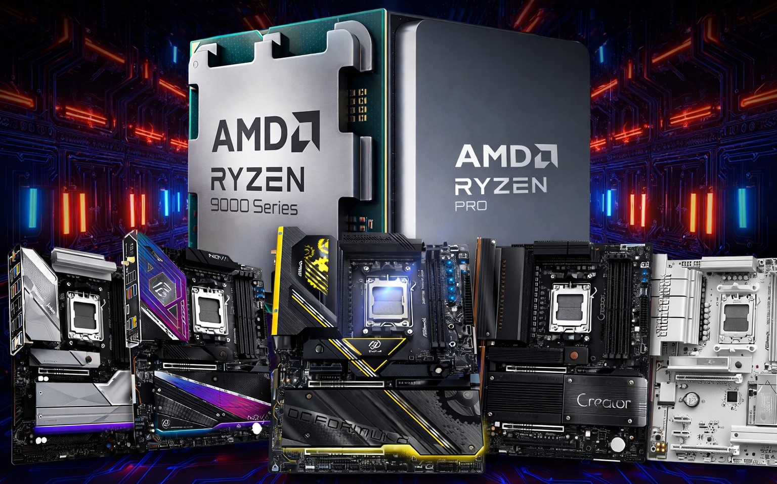 AMD Ryzen 9000 Series and Ryzen Pro processors displayed behind an array of seven different motherboards, showcasing various