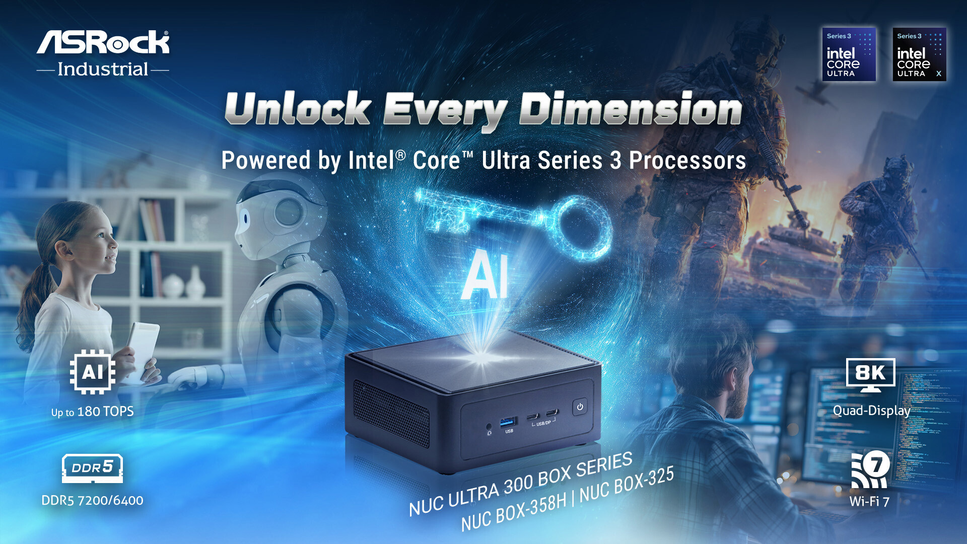 ASRock Industrial advertisement featuring 'Unlock Every Dimension' with Intel Core Ultra Series 3 processors, showing a NUC