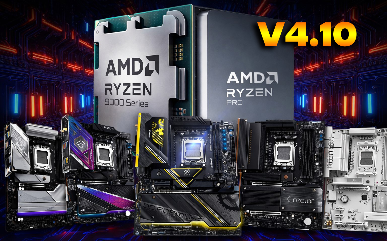 AMD Ryzen 9000 Series and AMD Ryzen Pro processors are surrounded by multiple colorful motherboards, with 'V4.10' text in