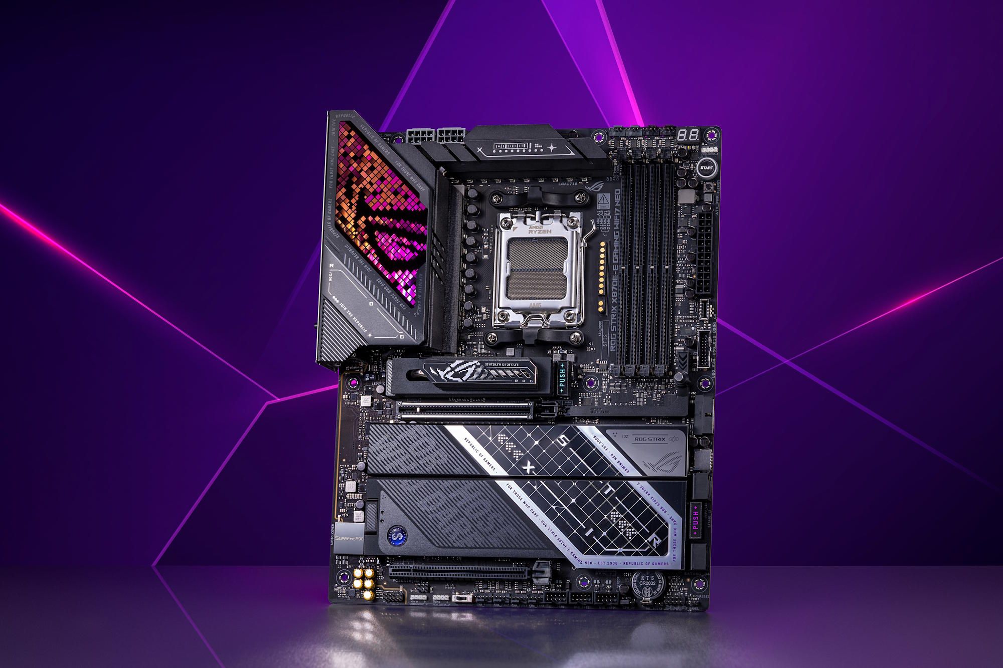 An ASUS ROG STRIX X670E-E Gaming WiFi motherboard with an AM5 socket and RGB lighting is displayed against a purple