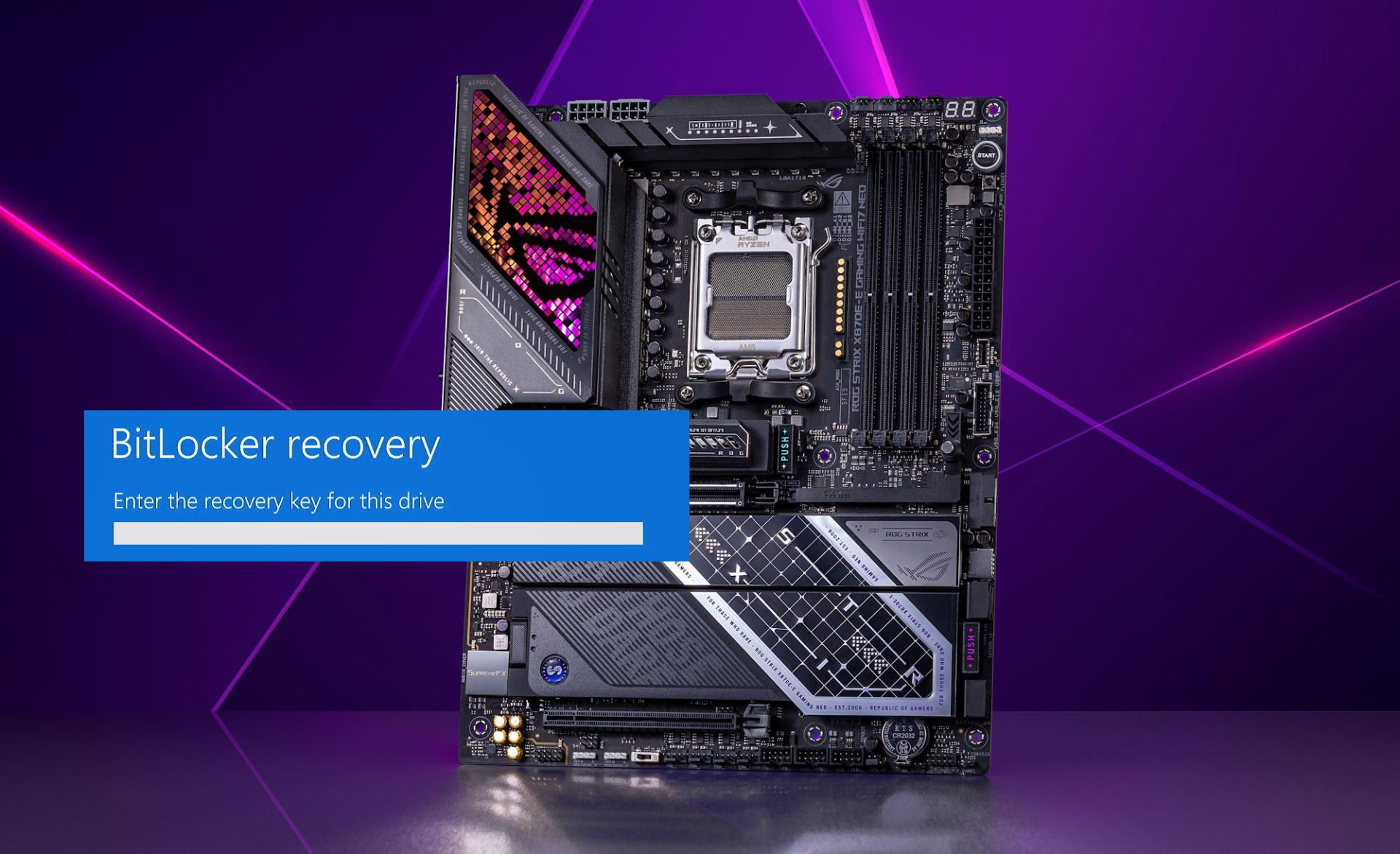 An ASUS ROG Strix X670E-E Gaming WiFi motherboard is displayed against a purple background with a 'BitLocker recovery'