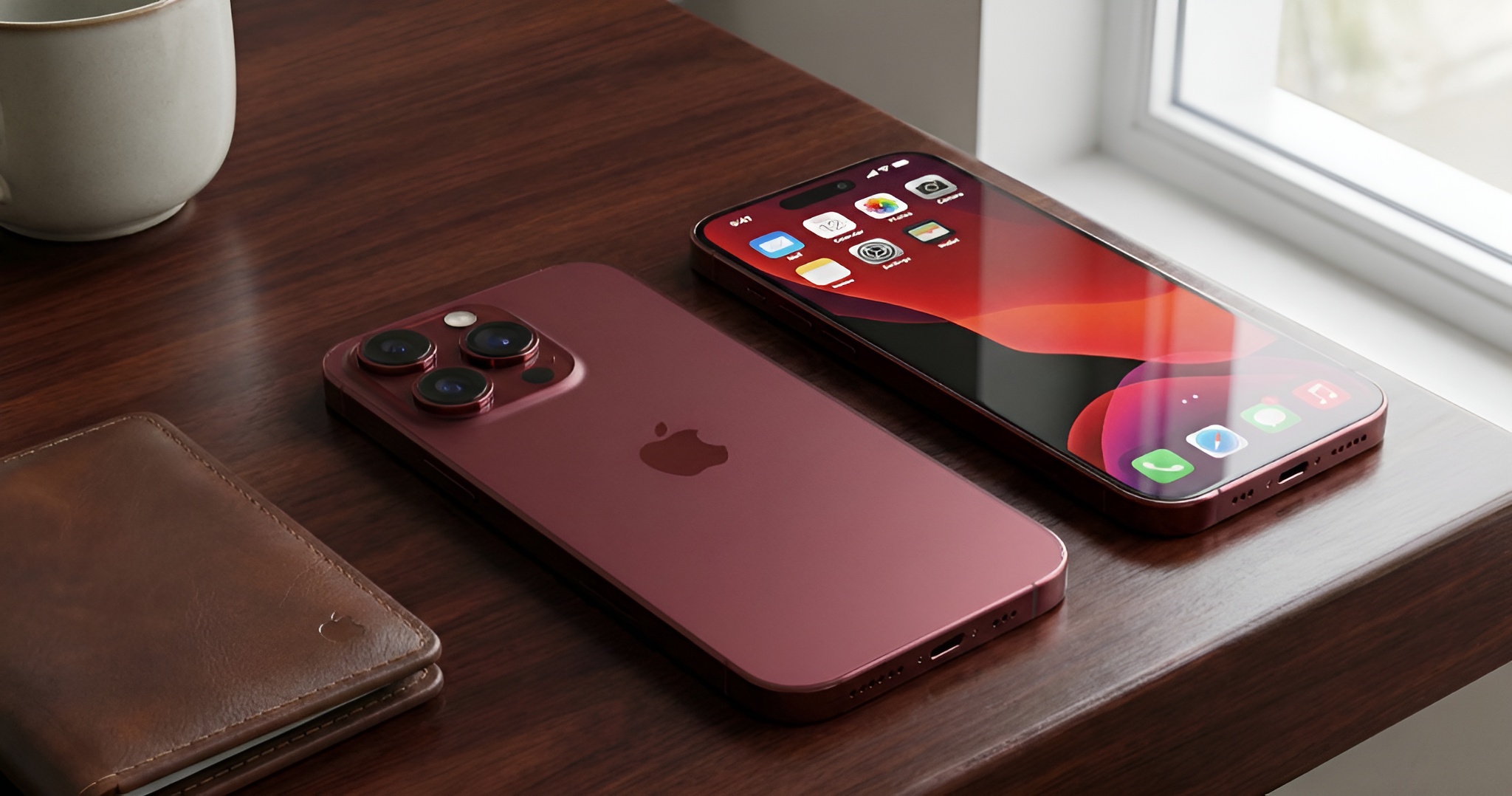 Two red Apple iPhones with triple-camera setups are placed on a wooden table near a brown leather wallet and a white mug.