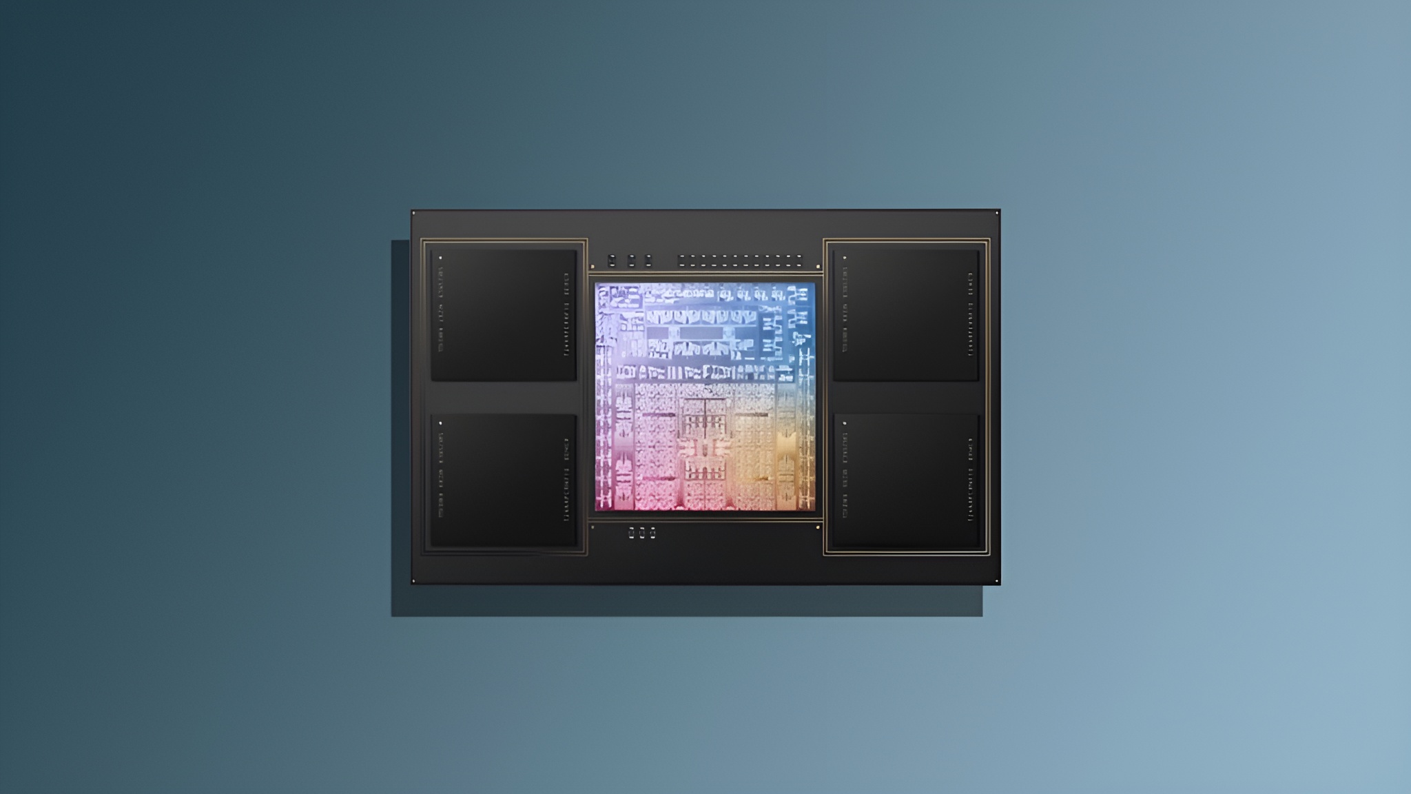 An Apple M1 Ultra chip is shown with its intricate design visible in the center, surrounded by multiple dark modules.