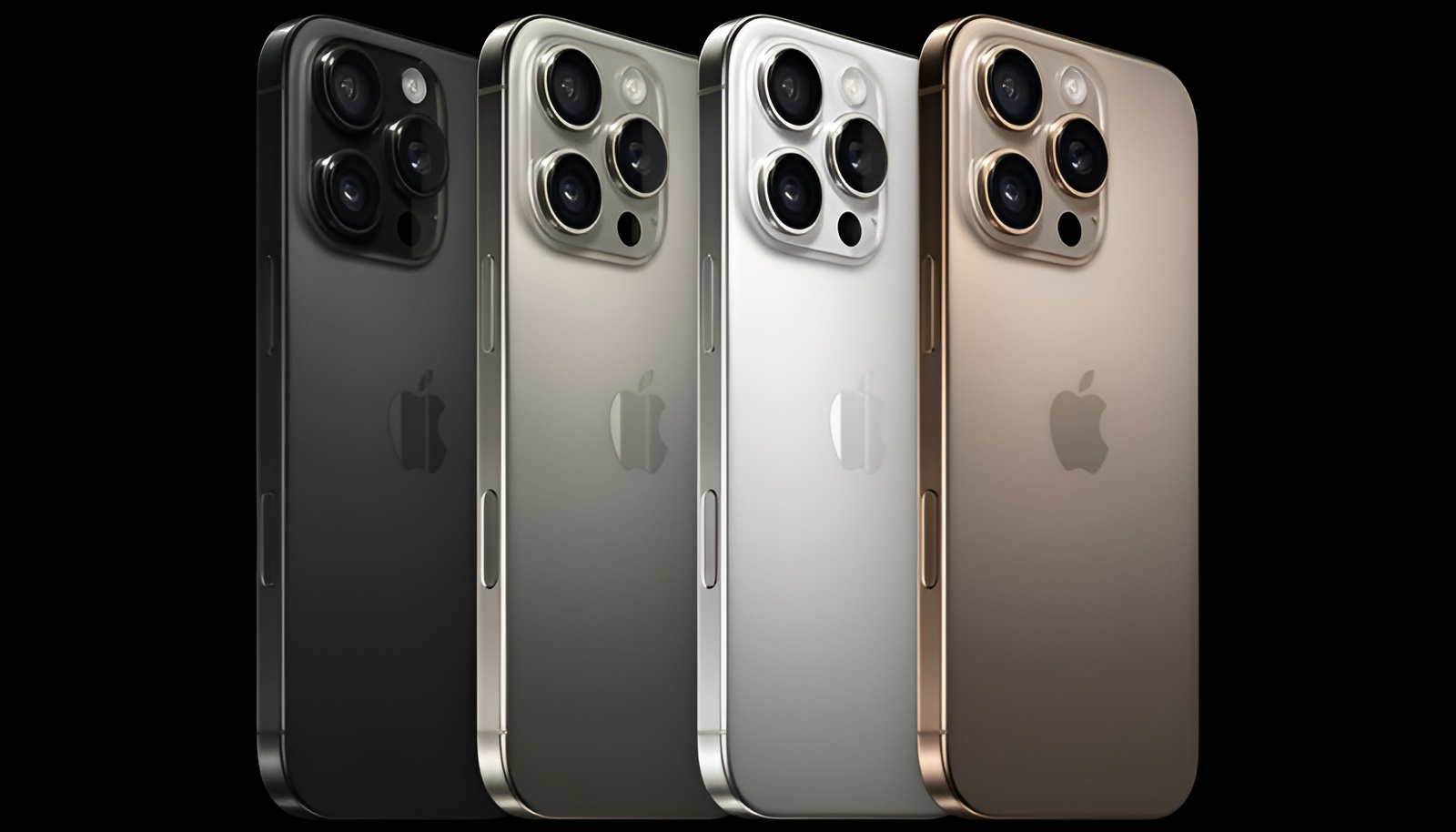 A side view of four Apple iPhone 15 Pro Max smartphones in different colors, showcasing their camera setups and logo.