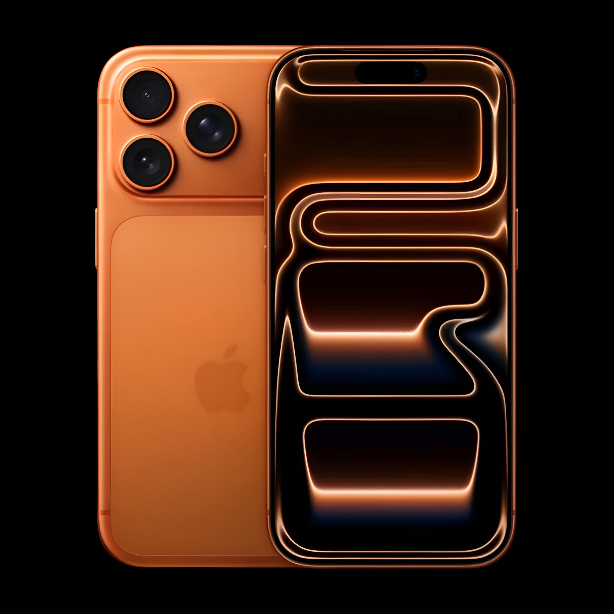 The image shows the Apple iPhone 15 Pro in orange, highlighting its triple-camera system and a dynamic orange and black