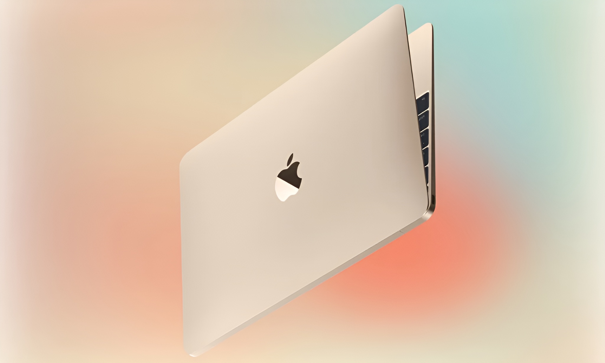 A gold Apple MacBook with an open lid against a gradient background.