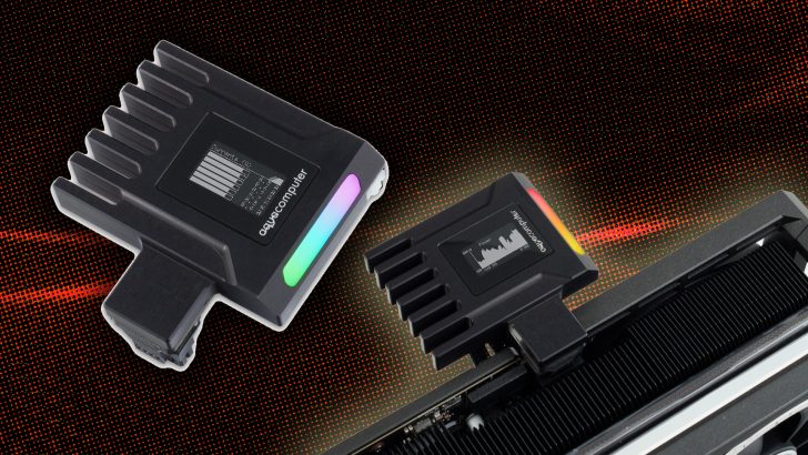 Two aqua computer GpuRX devices with RGB lighting and digital screens displaying 'Power' and 'Current 5A' charts are shown