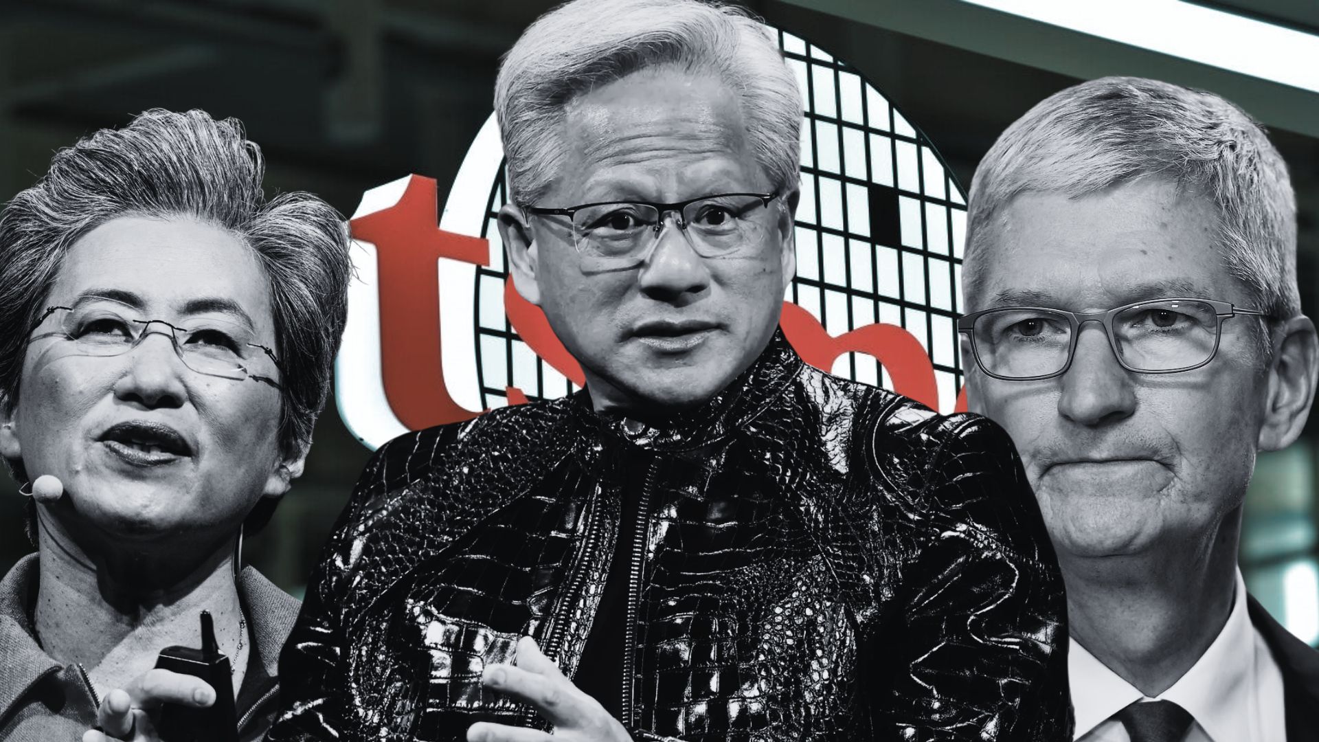 Three unidentified individuals stand in front of a TSMC logo.
