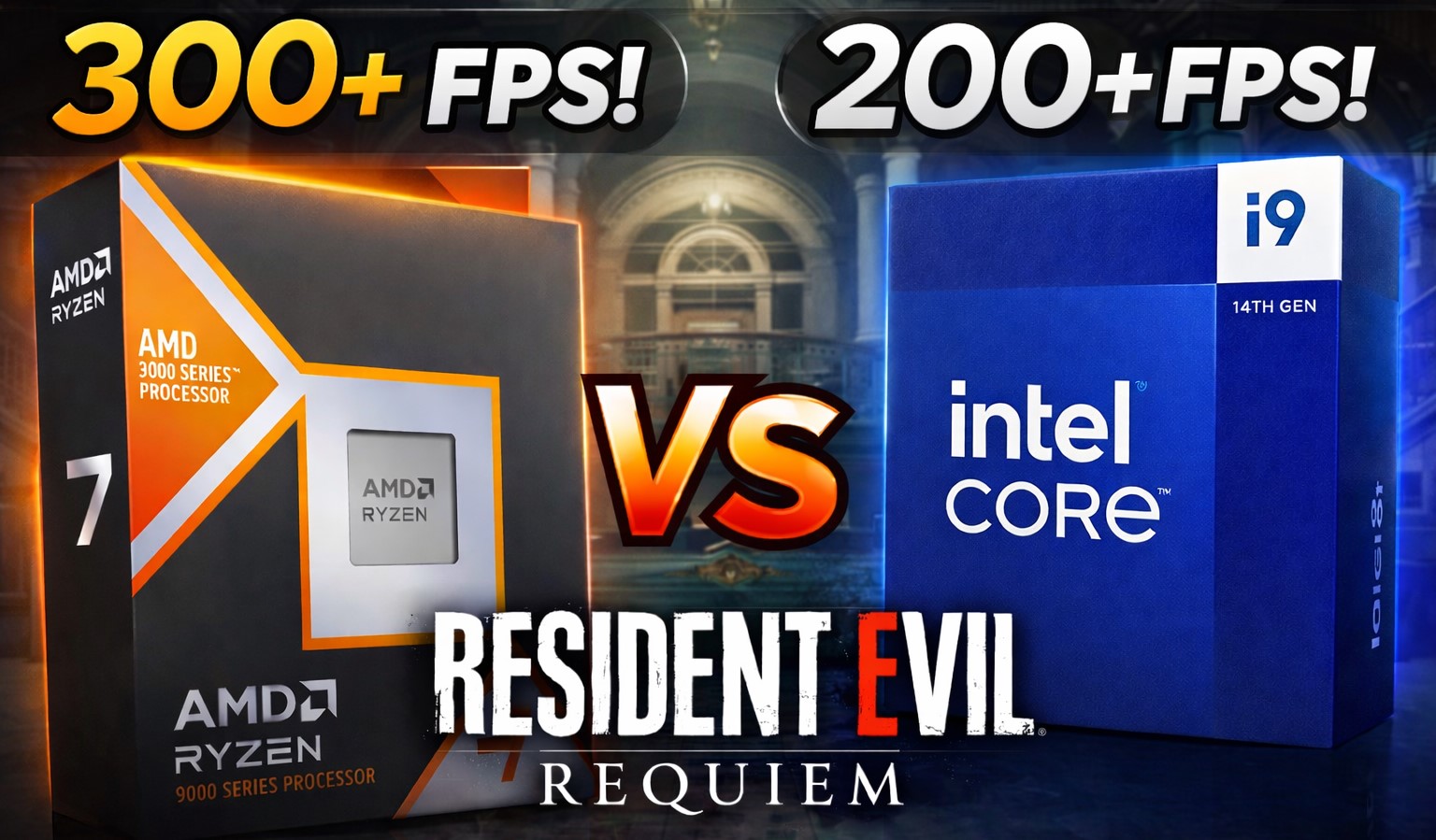 The image shows an AMD Ryzen 7 and an Intel Core i9 14th Gen box with '300+ FPS' above the AMD box and '200+ FPS' above the