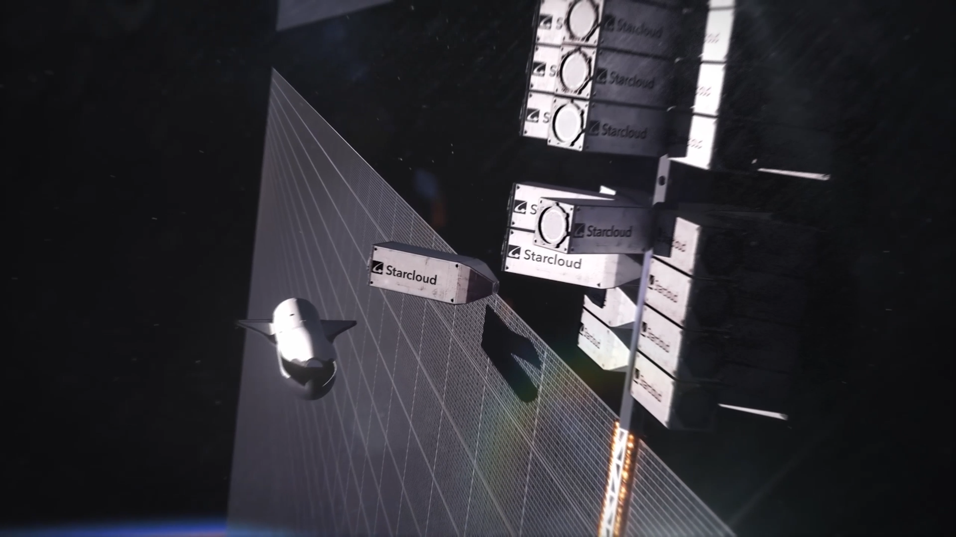 Spaceship approaches Starcloud containers attached to a large solar panel in space.