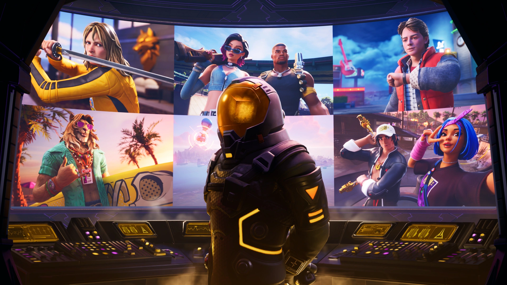 A character in a futuristic suit stands in front of a multi-screen display showing various Fortnite characters, including