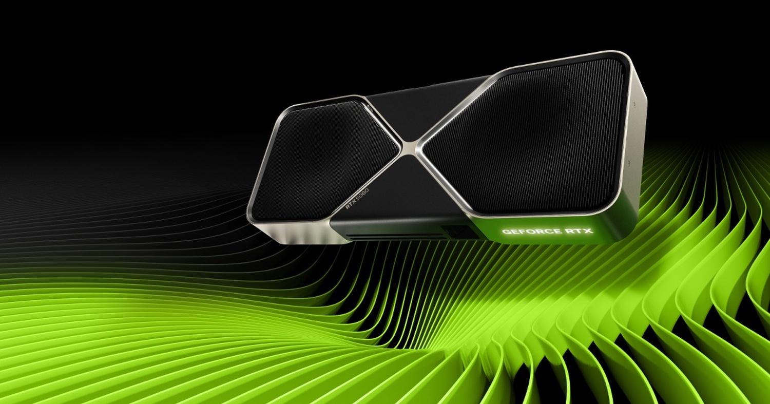 A NVIDIA GeForce RTX 5090 graphics card with a green and black wave pattern background.