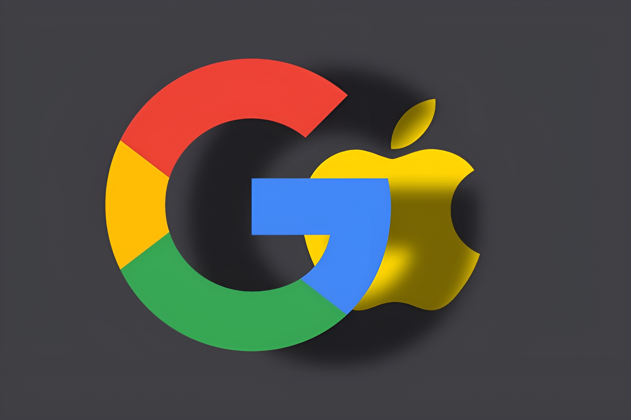 A merged logo featuring the multicolored Google G intertwined with Apple's yellow apple silhouette on a dark background.
