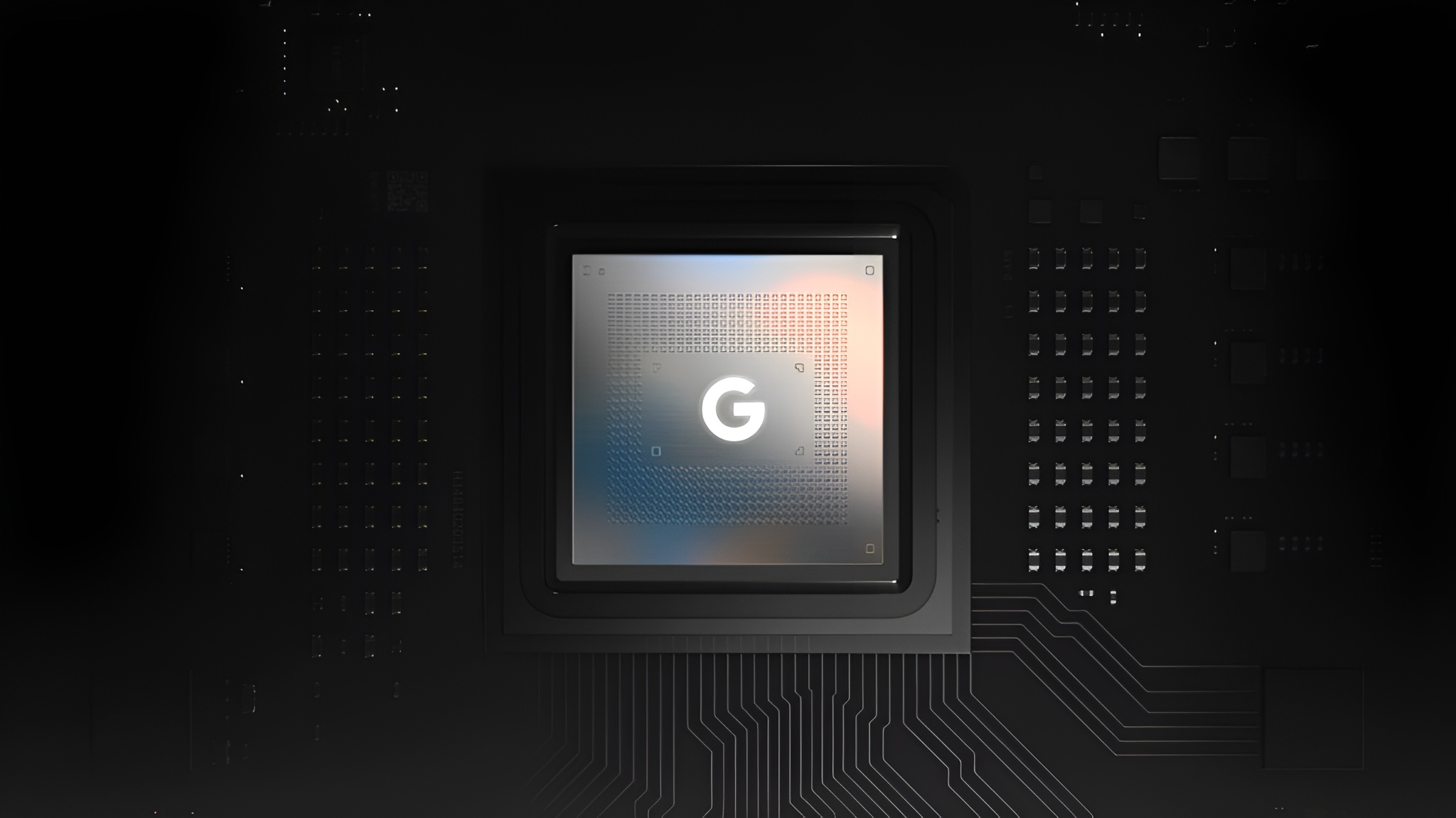 A close-up of a Google chip with a prominent G logo centered on the processor.
