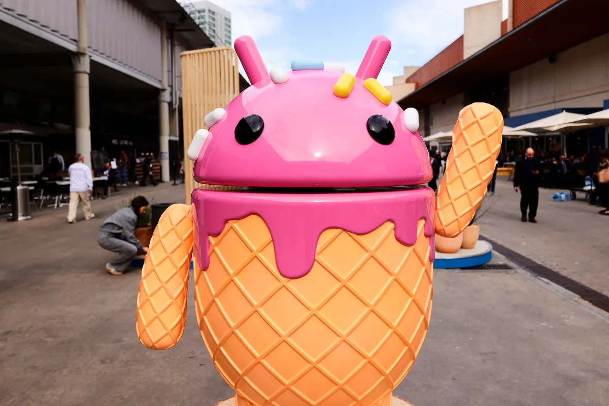 The Google Android logo and mascot, known as Bugdroid by the community, is being displayed as a statue resembling a strawberry ice-cream cone on Android Avenue at the Mobile World Congress 2024 in Barcelona, Spain, on March 25, 2024.