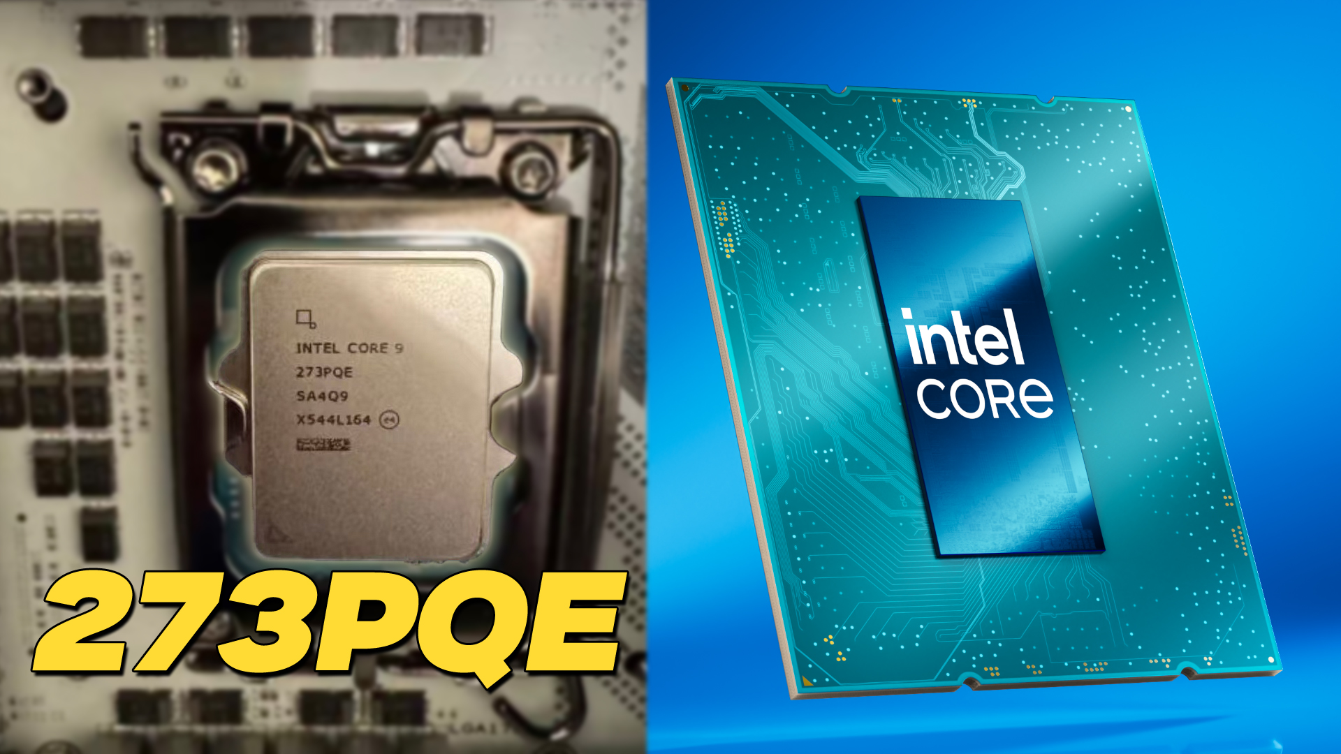 A close-up of an Intel Core 9 processor, model '273PQE,' alongside an illustrated Intel Core chip graphic.