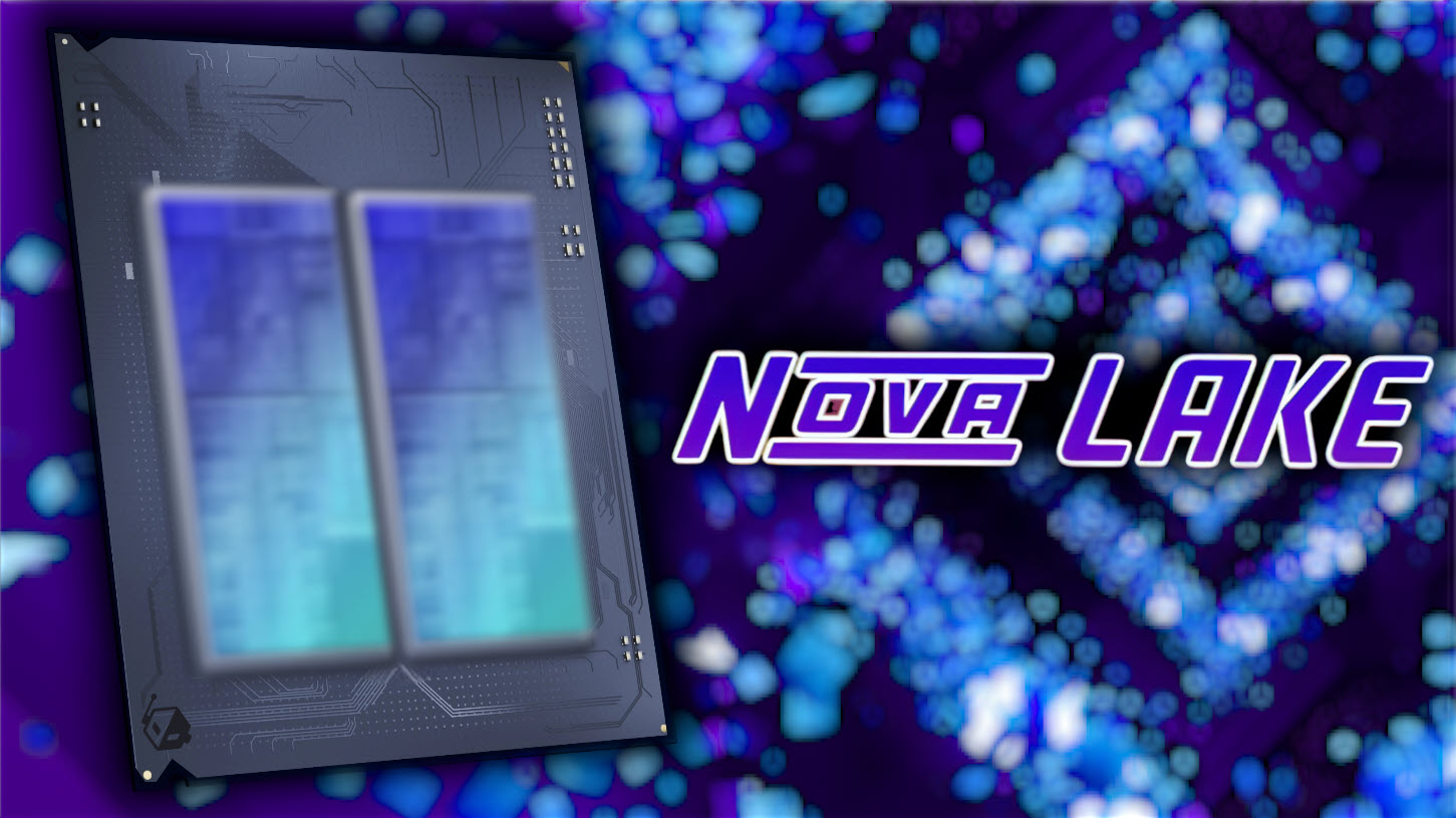 A blurred chip with blue circuitry is positioned next to purple text saying 'NOVA LAKE' against a vibrant blue and purple