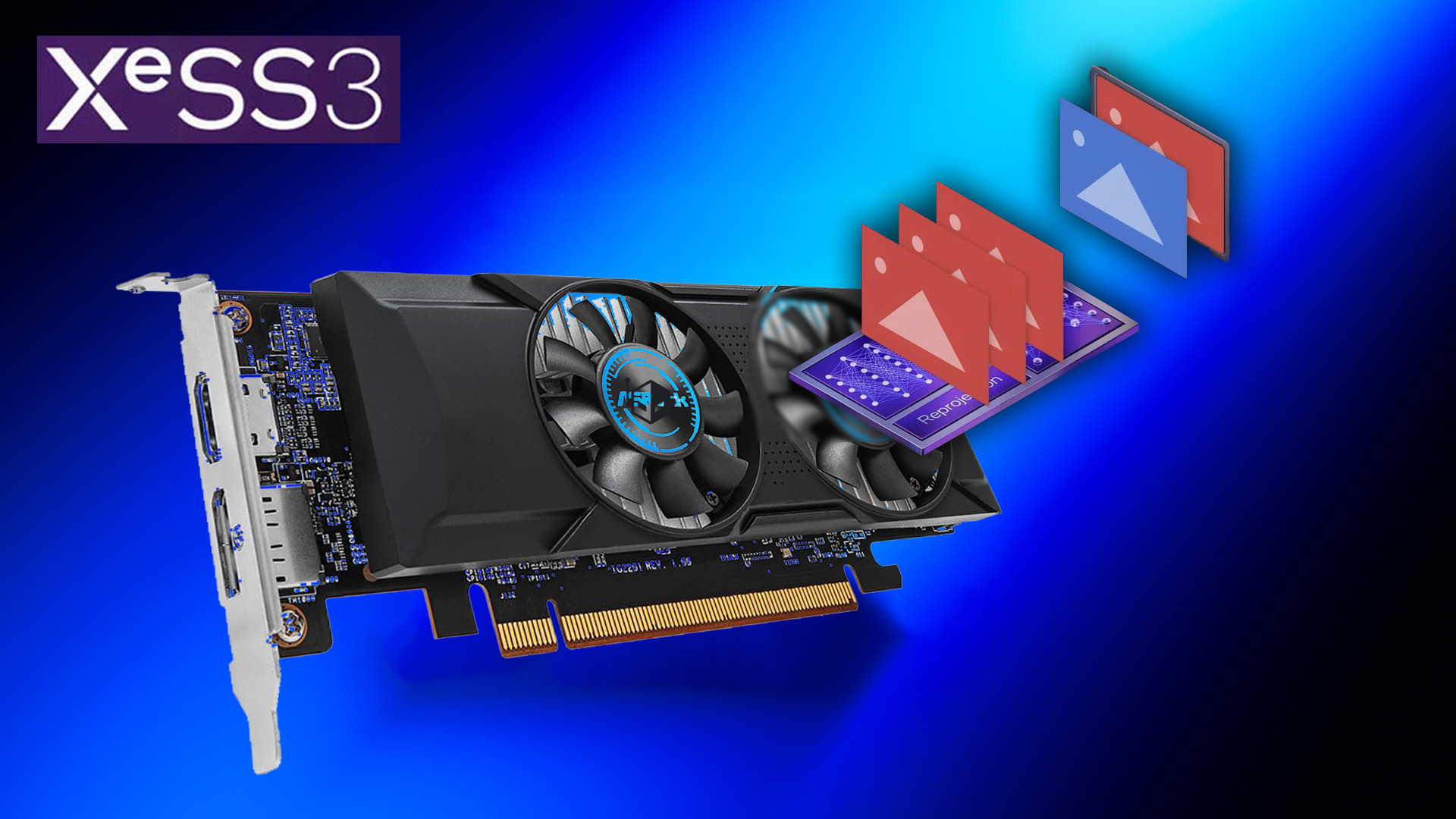 An Intel graphics card is pictured alongside the 'XeSS 3' logo and an abstract representation of image processing.