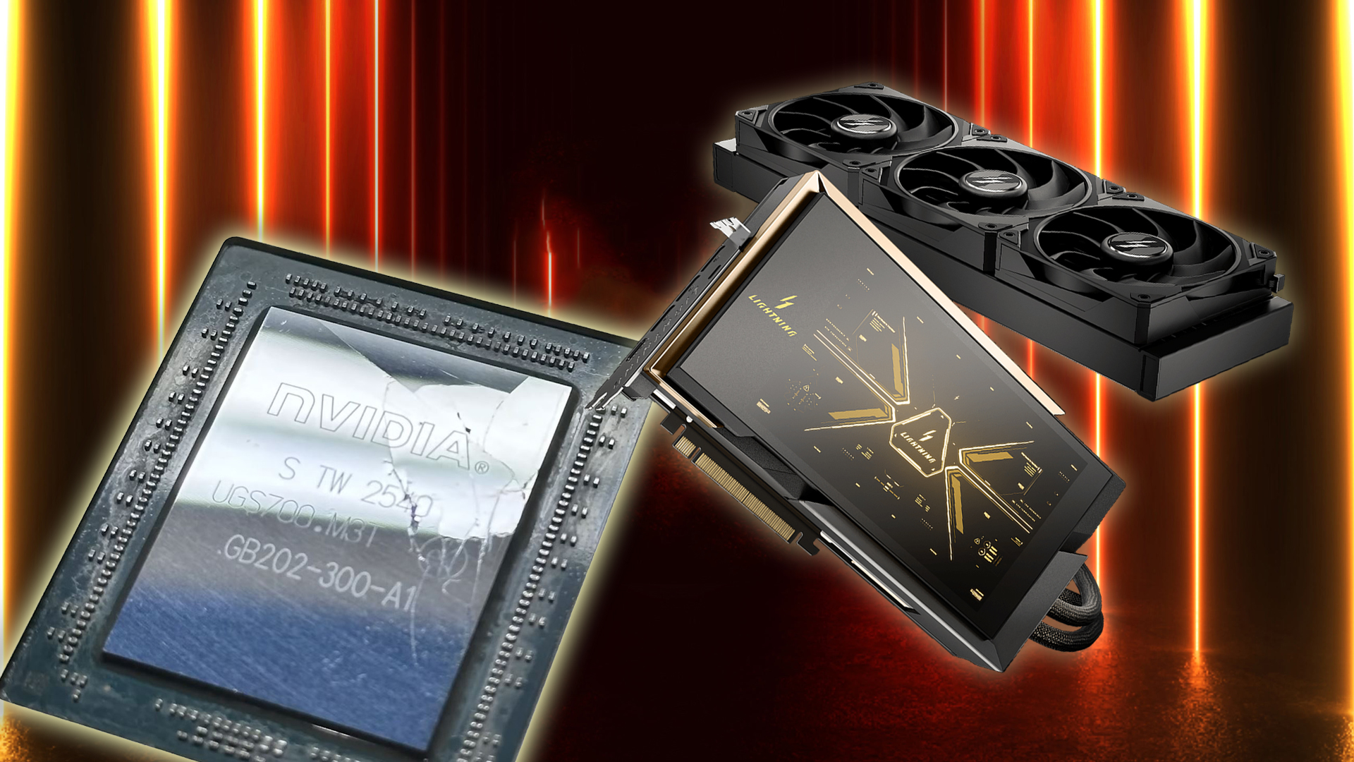 A close-up of an NVIDIA chip labeled 'UGS700-M31T' next to a graphics card with 'LIGHTNING' branding and a triple-fan cooler.