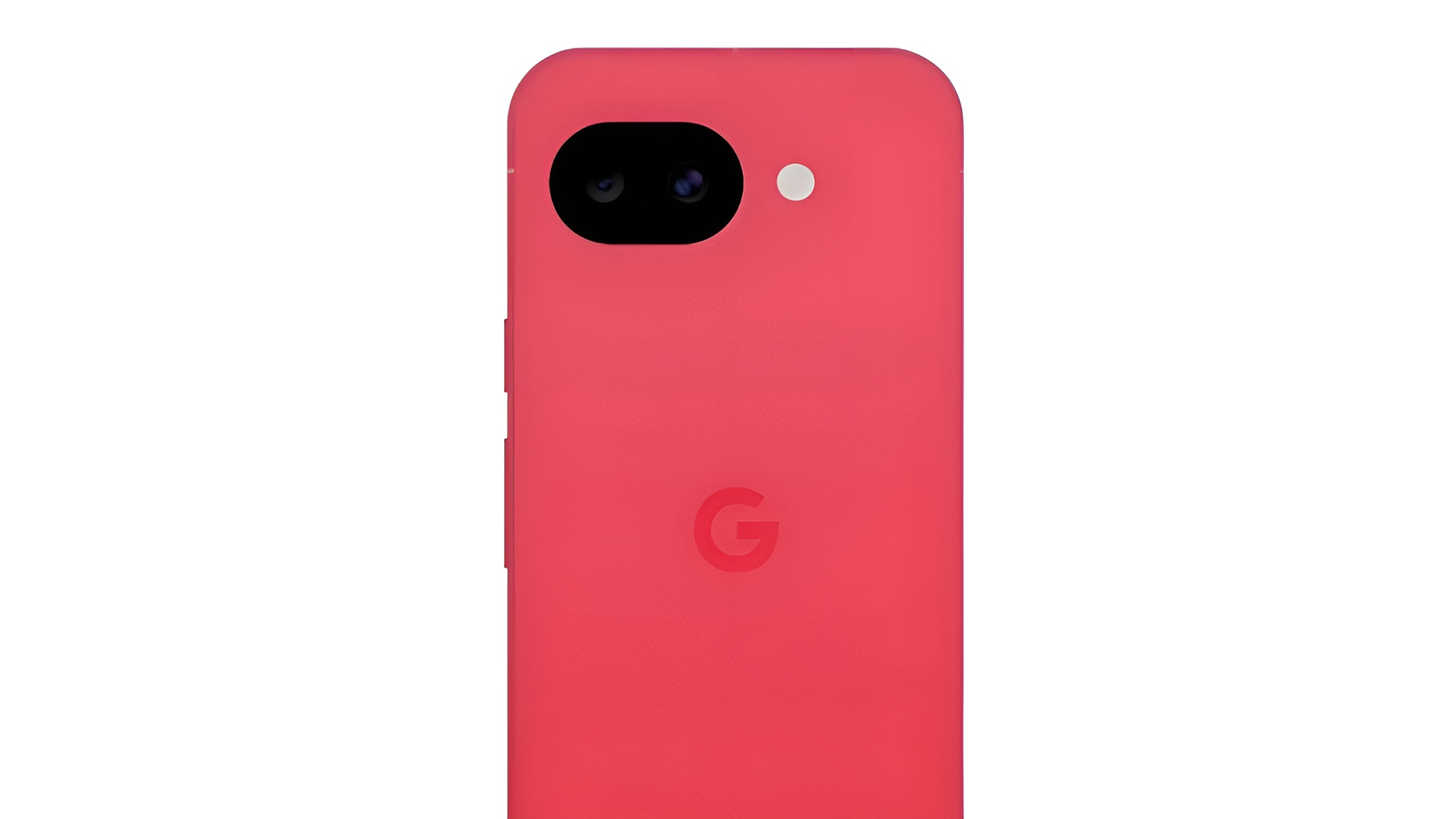 The image shows the rear view of a red Google Pixel smartphone with a dual-camera setup and a flash.