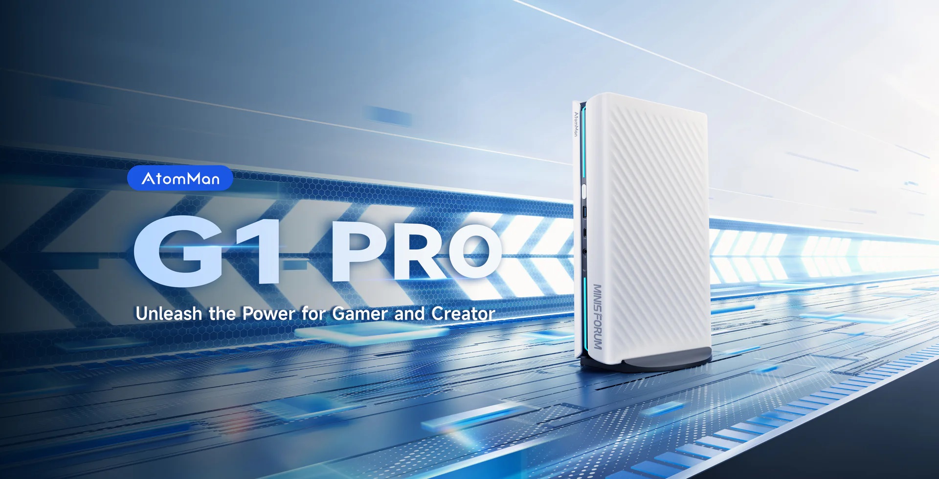 The image features the AtomMan MINISFORUM G1 PRO with text stating 'Unleash the Power for Gamer and Creator'.