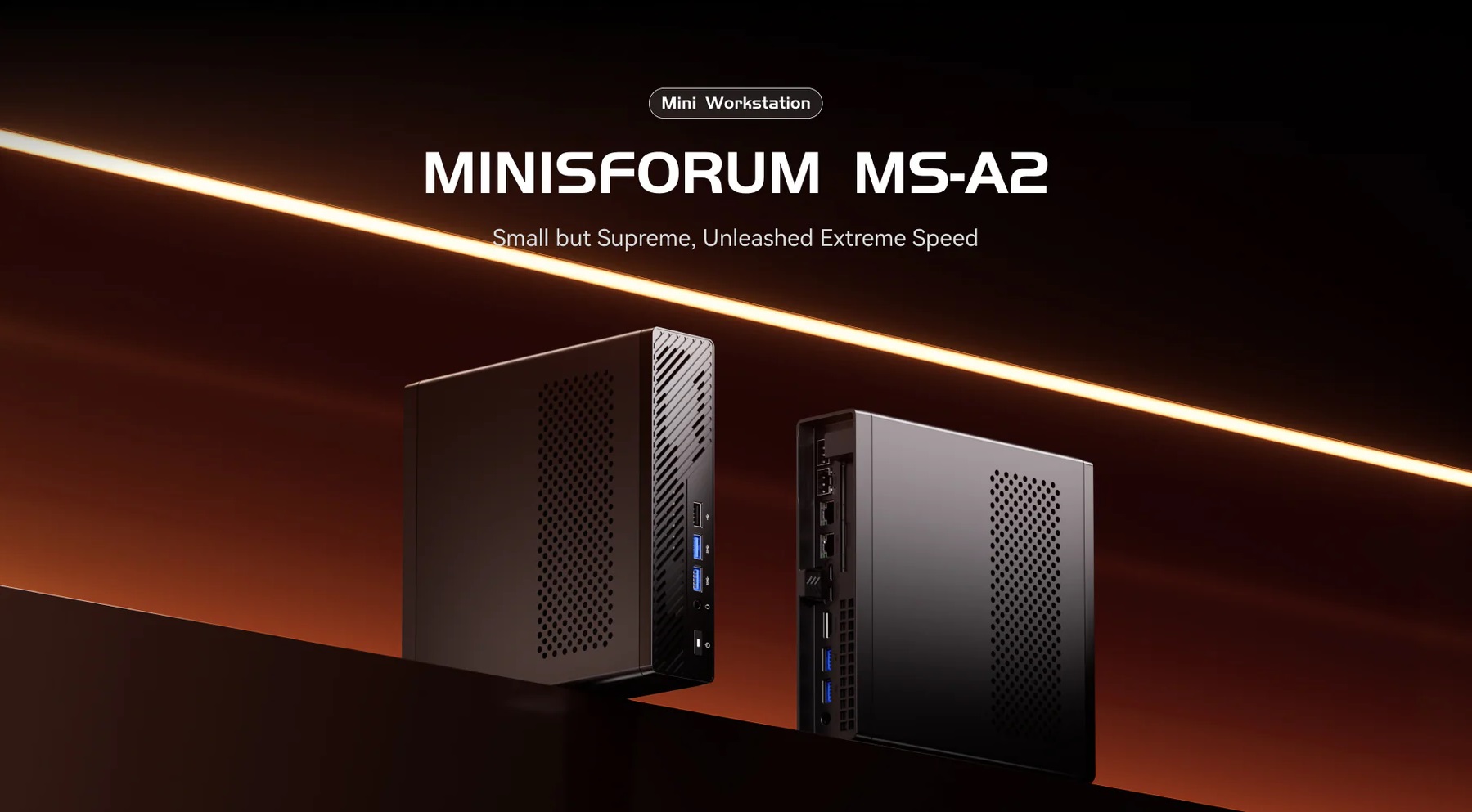 Two black MINISFORUM MS-A2 mini workstations are displayed against a dark background with the text 'Mini Workstation