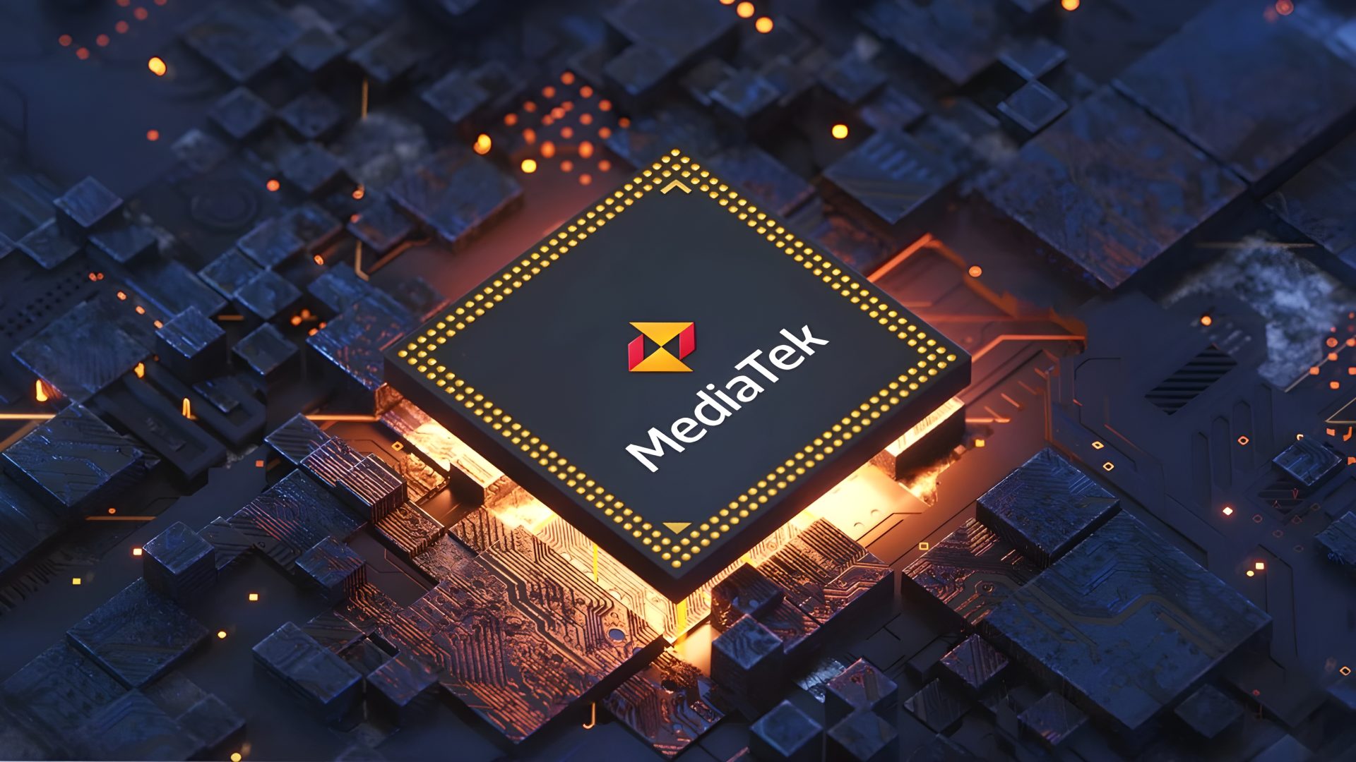 A MediaTek chip glowing on a circuit board with a visible 'MediaTek' logo.
